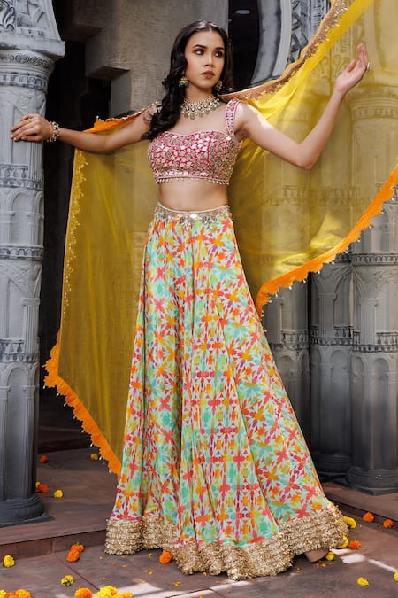 Buy_Elena Singh_Multi Color Crepe, Chiffon Beads, Mirrors, Sameeha Geometric Print Lehenga Set _Online_at_Aza_Fashions