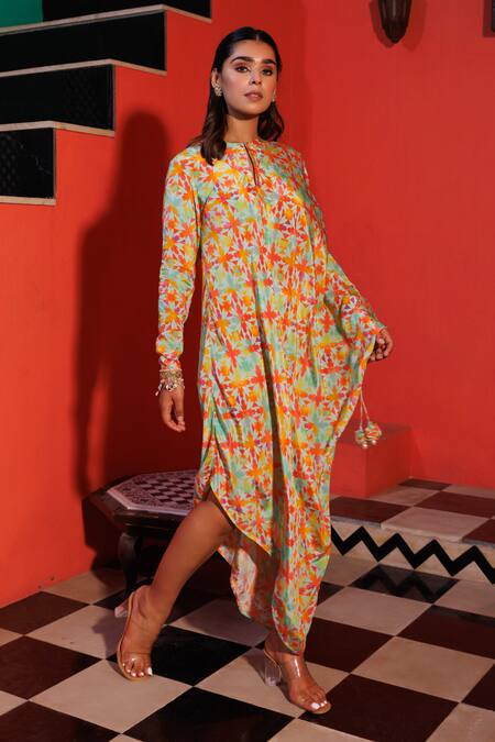 Elena Singh_Multi Color Crepe Mirrors, Beads Keyhole Neck Sitara Abstract Print Draped Dress _Online_at_Aza_Fashions