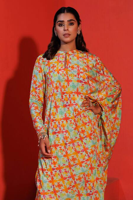 Buy_Elena Singh_Multi Color Crepe Mirrors, Beads Keyhole Neck Sitara Abstract Print Draped Dress _Online_at_Aza_Fashions
