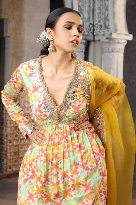 Elena Singh_Yellow Crepe, Chiffon Pearls, Vritra Geometric Print Peplum Kurta Gharara Set _Online_at_Aza_Fashions