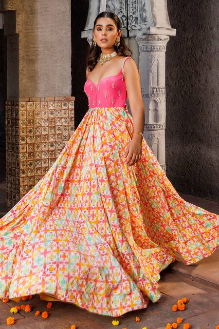Elena Singh_Pink Crepe, Chiffon Beads, Mirrors, Zunaira Abstract Print Anarkali With Dupatta _Online_at_Aza_Fashions