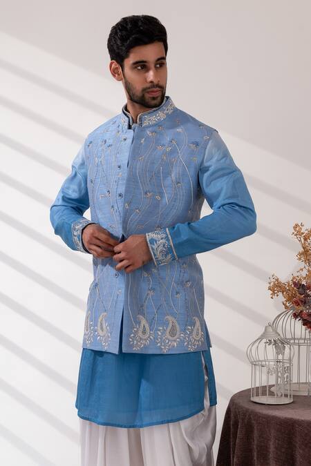 Tira By Naresh Raj_Blue Raw Silk Embroidered Paisley Bloom Bundi Kurta Set _Online_at_Aza_Fashions