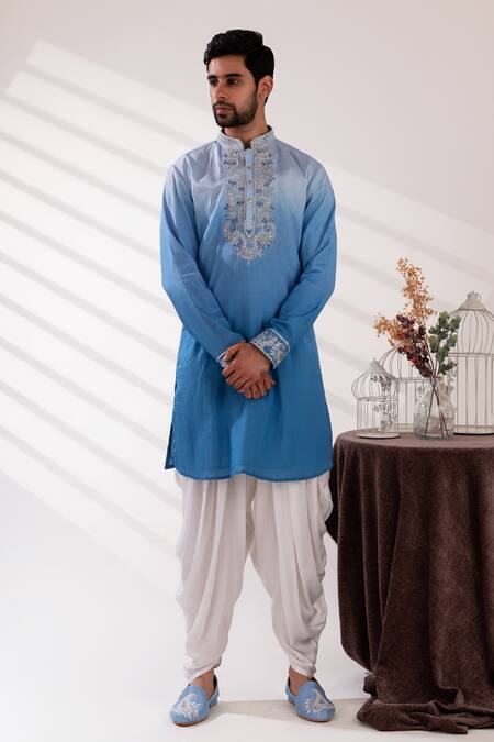 Buy_Tira By Naresh Raj_Blue Raw Silk Embroidered Paisley Bloom Bundi Kurta Set _Online_at_Aza_Fashions