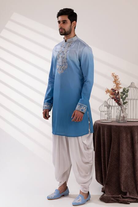 Shop_Tira By Naresh Raj_Blue Raw Silk Embroidered Paisley Bloom Bundi Kurta Set _Online_at_Aza_Fashions