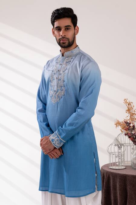Tira By Naresh Raj_Blue Raw Silk Embroidered Paisley Bloom Bundi Kurta Set _at_Aza_Fashions