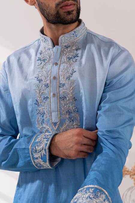 Shop_Tira By Naresh Raj_Blue Raw Silk Embroidered Paisley Bloom Bundi Kurta Set 