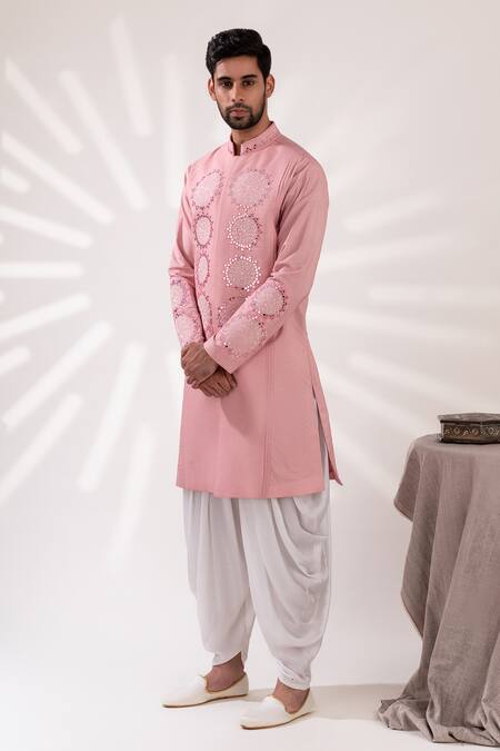 Tira By Naresh Raj_Pink Chanderi Silk Embroidered Mirror Flora Kurta With Cowl Pant _Online_at_Aza_Fashions