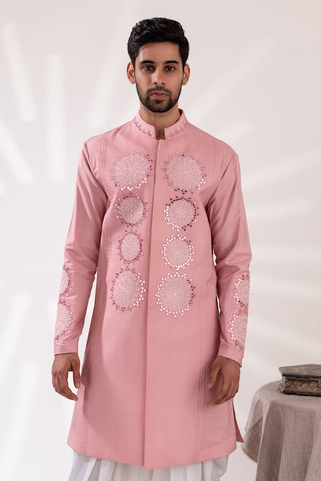 Buy_Tira By Naresh Raj_Pink Chanderi Silk Embroidered Mirror Flora Kurta With Cowl Pant _Online_at_Aza_Fashions