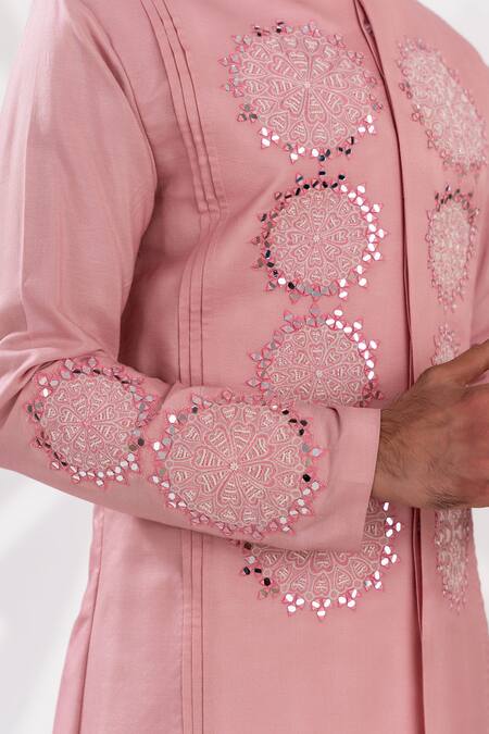 Shop_Tira By Naresh Raj_Pink Chanderi Silk Embroidered Mirror Flora Kurta With Cowl Pant _Online_at_Aza_Fashions