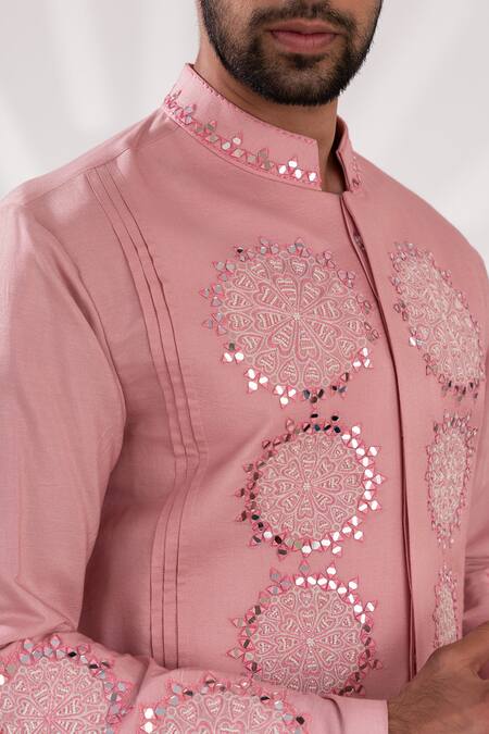 Tira By Naresh Raj_Pink Chanderi Silk Embroidered Mirror Flora Kurta With Cowl Pant _at_Aza_Fashions