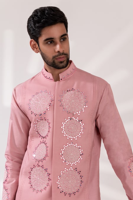Buy_Tira By Naresh Raj_Pink Chanderi Silk Embroidered Mirror Flora Kurta With Cowl Pant 
