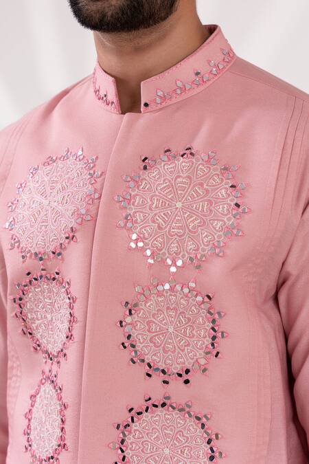 Shop_Tira By Naresh Raj_Pink Chanderi Silk Embroidered Mirror Flora Kurta With Cowl Pant 