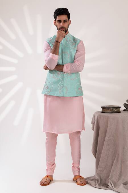 Tira By Naresh Raj_Pink Mal Cotton Embroidered Bloom Aqua Blue Bundi Set _Online_at_Aza_Fashions
