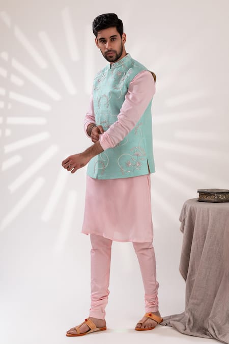 Buy_Tira By Naresh Raj_Pink Mal Cotton Embroidered Bloom Aqua Blue Bundi Set _Online_at_Aza_Fashions