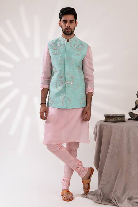 Shop_Tira By Naresh Raj_Pink Mal Cotton Embroidered Bloom Aqua Blue Bundi Set _Online_at_Aza_Fashions