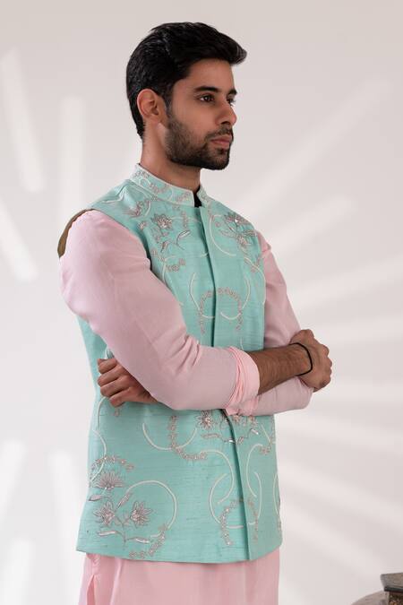 Tira By Naresh Raj_Pink Mal Cotton Embroidered Bloom Aqua Blue Bundi Set _at_Aza_Fashions