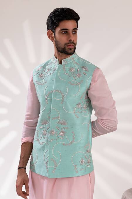 Buy_Tira By Naresh Raj_Pink Mal Cotton Embroidered Bloom Aqua Blue Bundi Set 