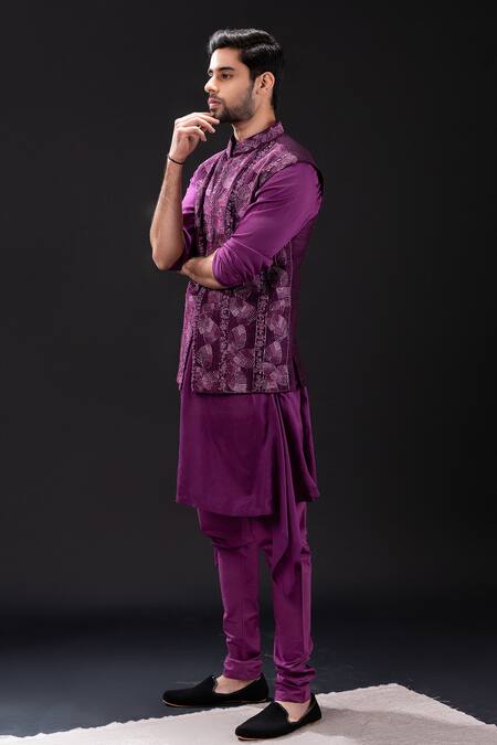 Tira by Naresh Raj Purple Mal Cotton Embroidered Foliage Bundi Kurta Set  2