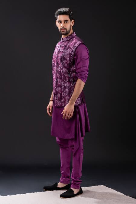 Tira by Naresh Raj Purple Mal Cotton Embroidered Foliage Bundi Kurta Set  3