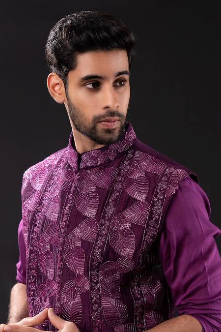 Tira by Naresh Raj Purple Mal Cotton Embroidered Foliage Bundi Kurta Set  4