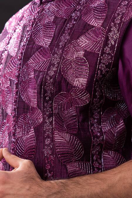 Tira by Naresh Raj Purple Mal Cotton Embroidered Foliage Bundi Kurta Set  5