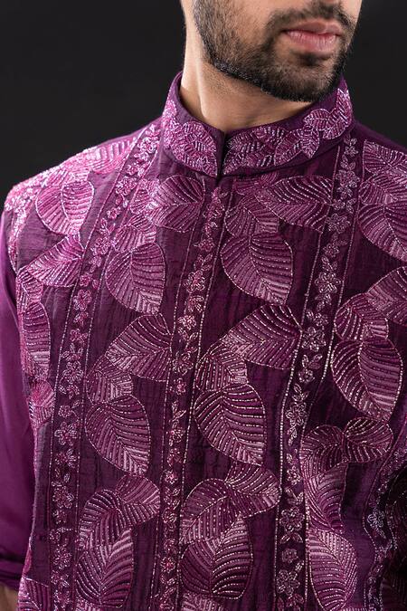 Tira by Naresh Raj Purple Mal Cotton Embroidered Foliage Bundi Kurta Set  6