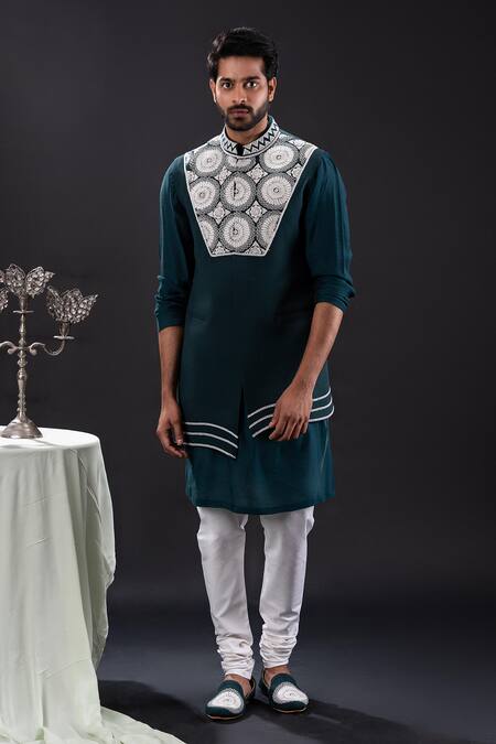 Tira By Naresh Raj_Green Mal Cotton Embroidered Pearl Bloom Asymmetric Kurta Set _Online_at_Aza_Fashions