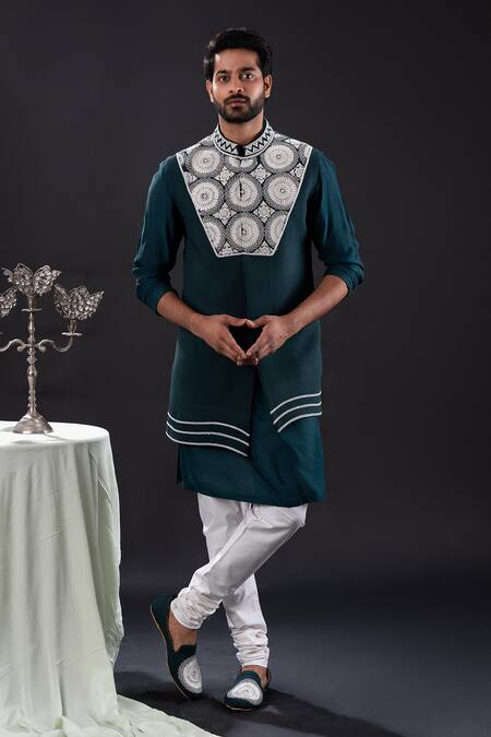 Buy_Tira By Naresh Raj_Green Mal Cotton Embroidered Pearl Bloom Asymmetric Kurta Set _Online_at_Aza_Fashions