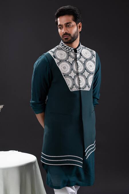 Shop_Tira By Naresh Raj_Green Mal Cotton Embroidered Pearl Bloom Asymmetric Kurta Set _Online_at_Aza_Fashions