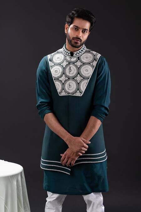 Tira By Naresh Raj_Green Mal Cotton Embroidered Pearl Bloom Asymmetric Kurta Set _at_Aza_Fashions