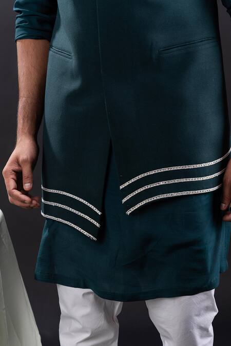 Shop_Tira By Naresh Raj_Green Mal Cotton Embroidered Pearl Bloom Asymmetric Kurta Set 