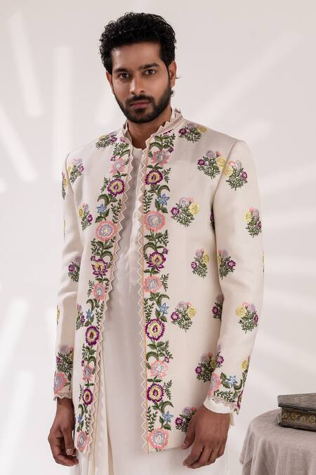 Buy_Tira By Naresh Raj_Ivory Chanderi Silk Embroidered Dahlia Bloom Jacket Kurta Set _Online_at_Aza_Fashions