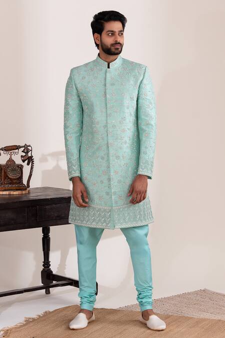 Tira By Naresh Raj_Blue Raw Silk Embroidered Petunia Bloom Sherwani Set  _Online_at_Aza_Fashions