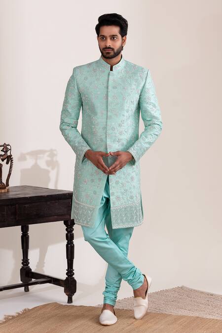 Buy_Tira By Naresh Raj_Blue Raw Silk Embroidered Petunia Bloom Sherwani Set  _Online_at_Aza_Fashions