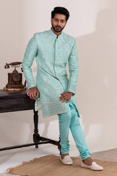 Shop_Tira By Naresh Raj_Blue Raw Silk Embroidered Petunia Bloom Sherwani Set  _Online_at_Aza_Fashions