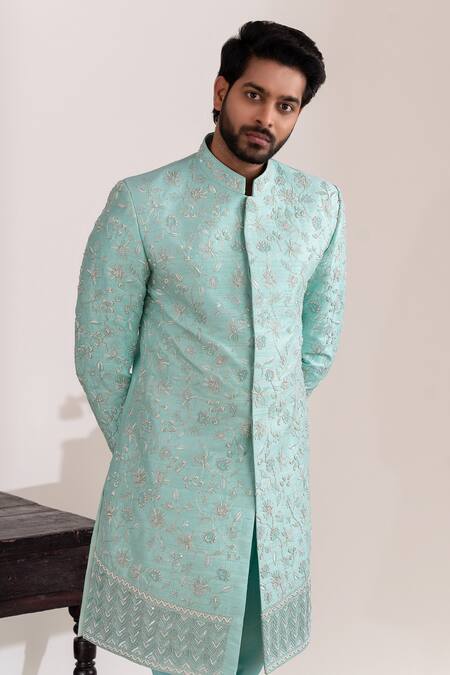 Tira By Naresh Raj_Blue Raw Silk Embroidered Petunia Bloom Sherwani Set  _at_Aza_Fashions