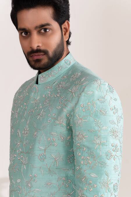 Buy_Tira By Naresh Raj_Blue Raw Silk Embroidered Petunia Bloom Sherwani Set  