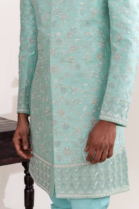 Shop_Tira By Naresh Raj_Blue Raw Silk Embroidered Petunia Bloom Sherwani Set  