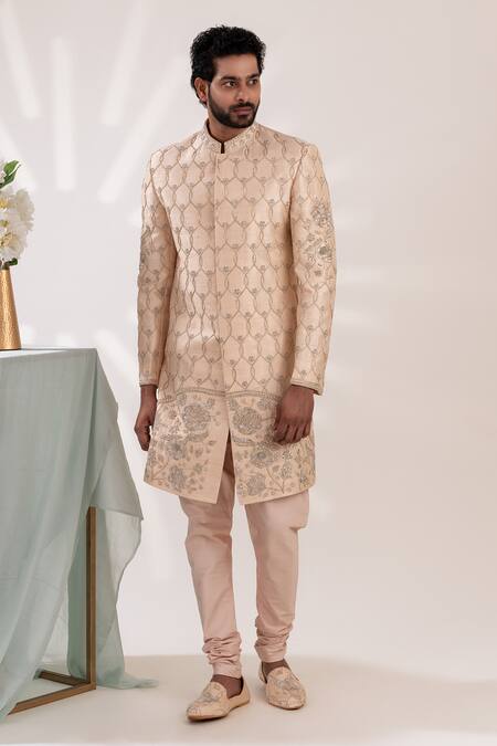 Tira By Naresh Raj_Ivory Raw Silk Embroidered Mughal Bloom Sherwani Set  _Online_at_Aza_Fashions