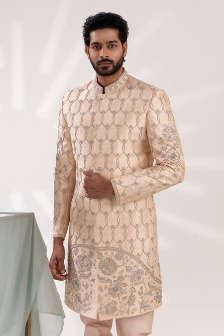 Buy_Tira By Naresh Raj_Ivory Raw Silk Embroidered Mughal Bloom Sherwani Set  _Online_at_Aza_Fashions