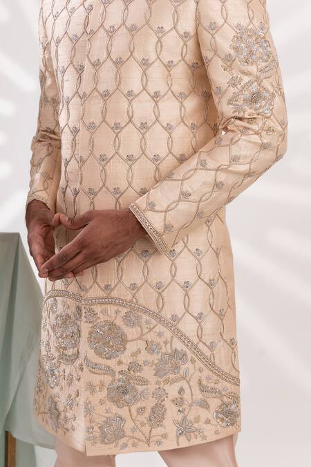 Shop_Tira By Naresh Raj_Ivory Raw Silk Embroidered Mughal Bloom Sherwani Set  _Online_at_Aza_Fashions