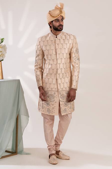 Buy_Tira By Naresh Raj_Ivory Raw Silk Embroidered Mughal Bloom Sherwani Set  