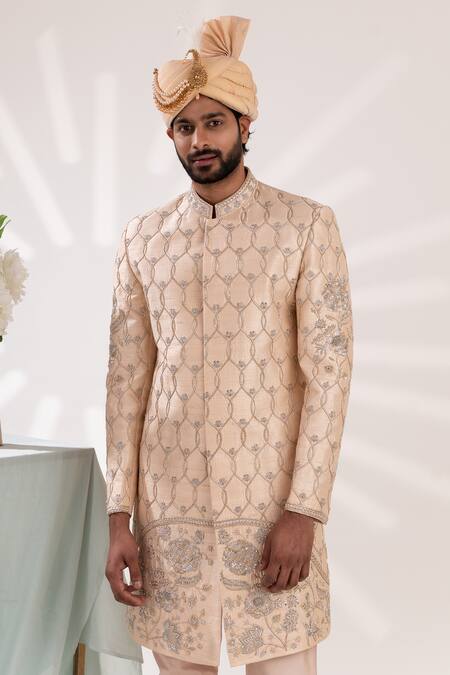 Shop_Tira By Naresh Raj_Ivory Raw Silk Embroidered Mughal Bloom Sherwani Set  