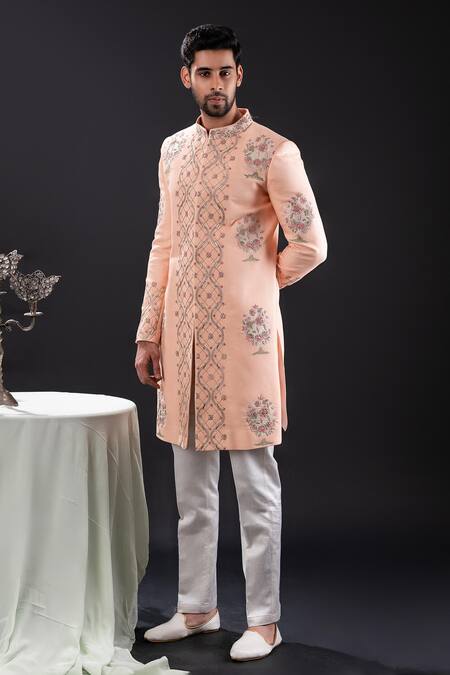 Tira By Naresh Raj_Peach Linen Embroidered Geometric Bloom Sherwani Set  _Online_at_Aza_Fashions