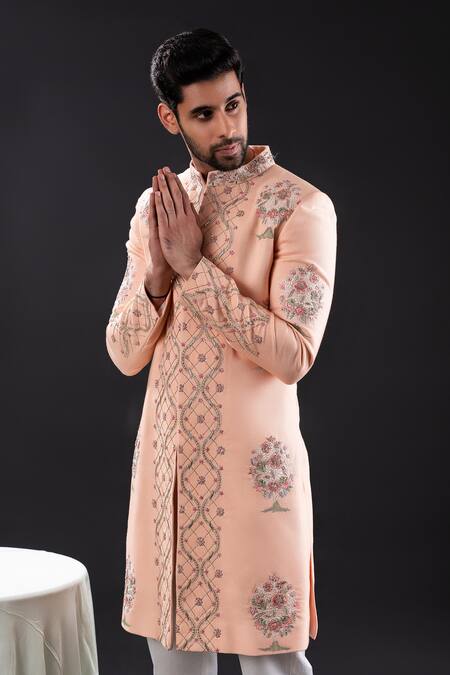 Buy_Tira By Naresh Raj_Peach Linen Embroidered Geometric Bloom Sherwani Set  _Online_at_Aza_Fashions