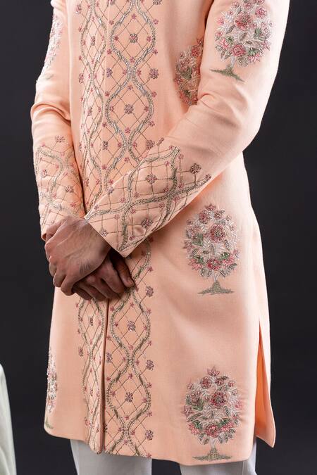 Shop_Tira By Naresh Raj_Peach Linen Embroidered Geometric Bloom Sherwani Set  _Online_at_Aza_Fashions