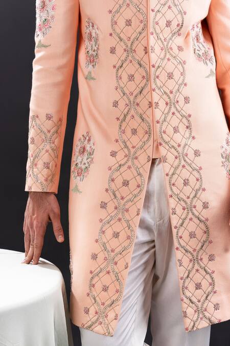 Tira By Naresh Raj_Peach Linen Embroidered Geometric Bloom Sherwani Set  _at_Aza_Fashions