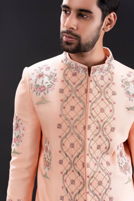 Buy_Tira By Naresh Raj_Peach Linen Embroidered Geometric Bloom Sherwani Set  