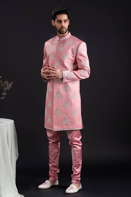 Tira By Naresh Raj_Pink Linen Satin Embroidered Prism Pearl Butti Sherwani Set  _Online_at_Aza_Fashions