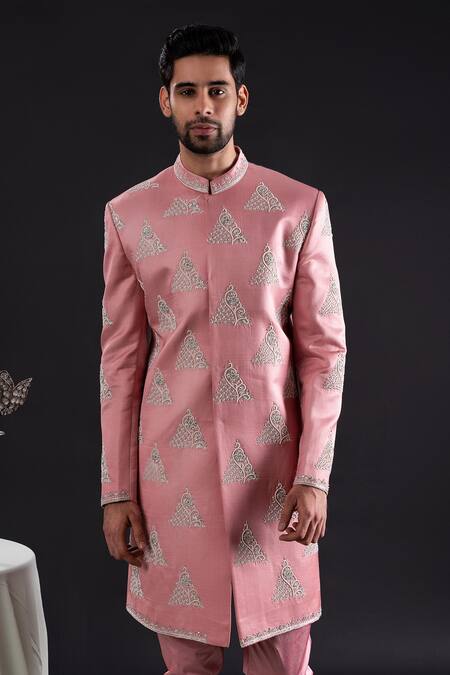 Shop_Tira By Naresh Raj_Pink Linen Satin Embroidered Prism Pearl Butti Sherwani Set  _Online_at_Aza_Fashions